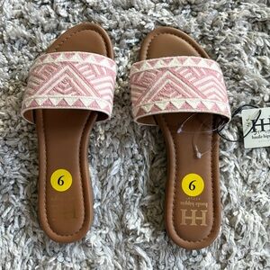 Haute Hippie Pink and Tan Embroidered Slide Sandals - Women's